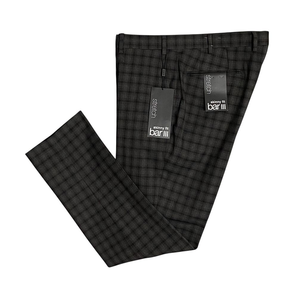 Bar III Men's 36x30 Dress Pant Skinny Fit Stretch Gray & Black Check NWOT